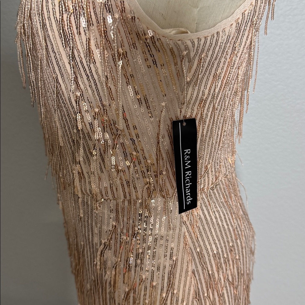 Embellished Sequin Fringe Power Mesh Dress W/Mock Halter & Elastic Waist - Picture 7 of 9